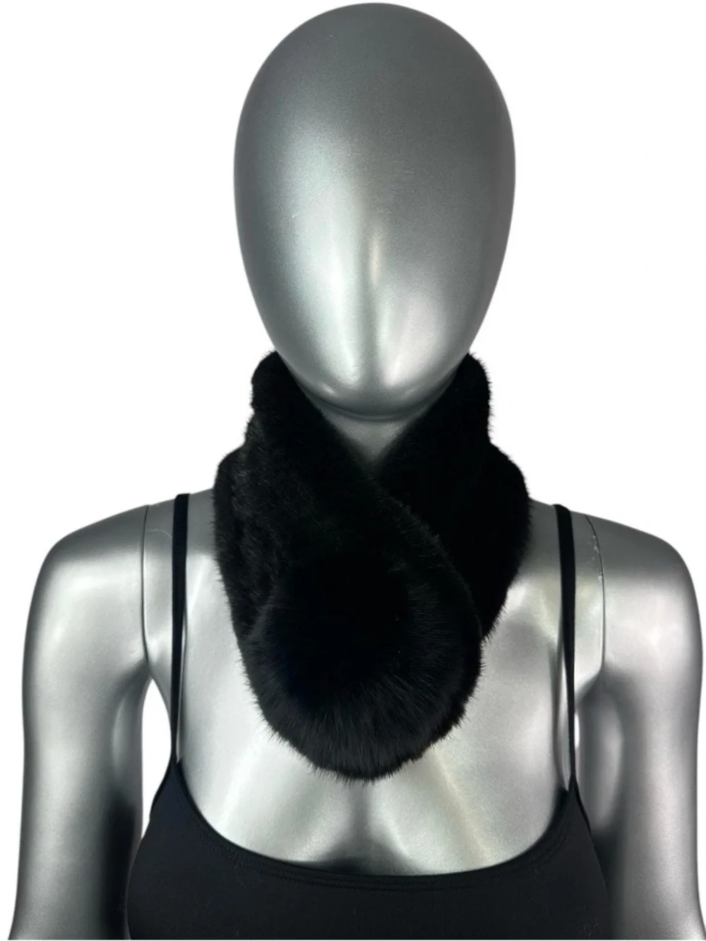 RANCH MINK Knitted Scarf w/Black FOX Pompom, 24”L, Certified Vintage Fur